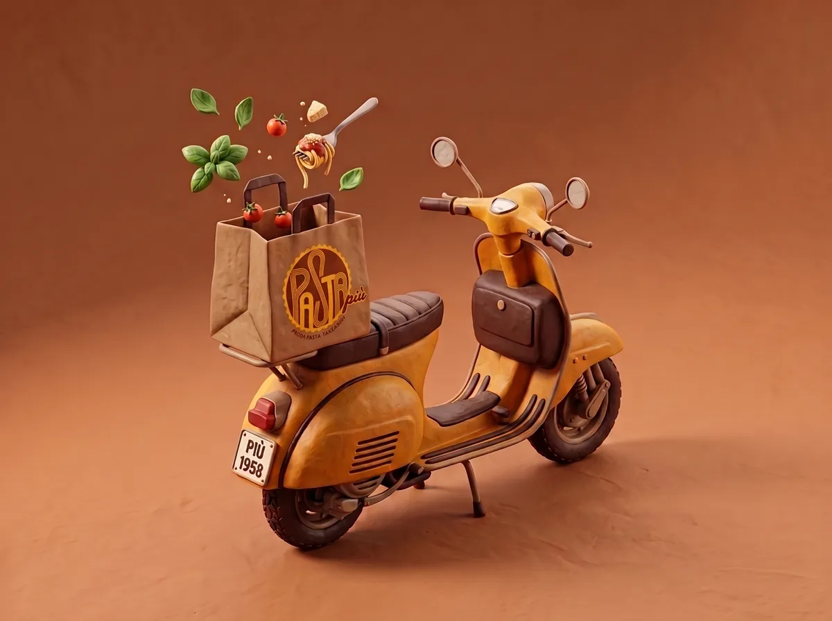 Vespa gialla Pasta Più con borsa takeaway: consegna a domicilio e asporto